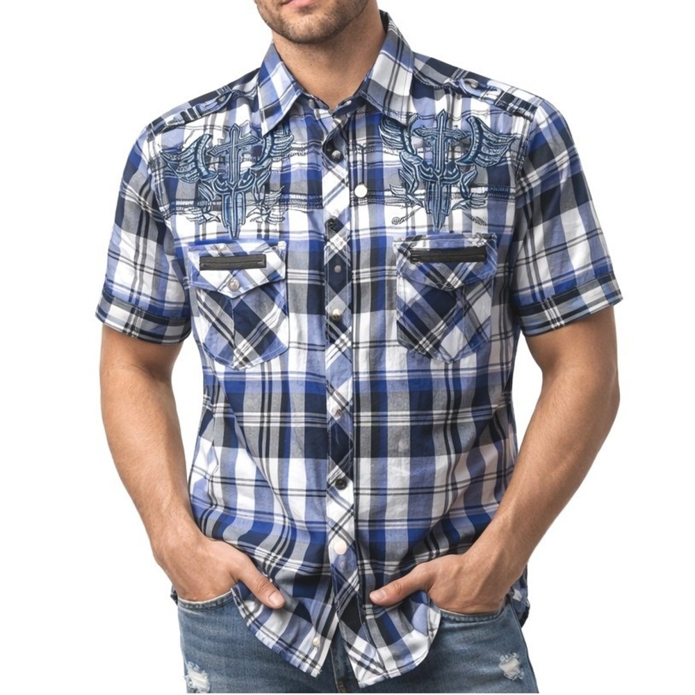 Lamasini Mens Large Blue Plaid Embroidered Western Snap Button Shirt Rock Y2K